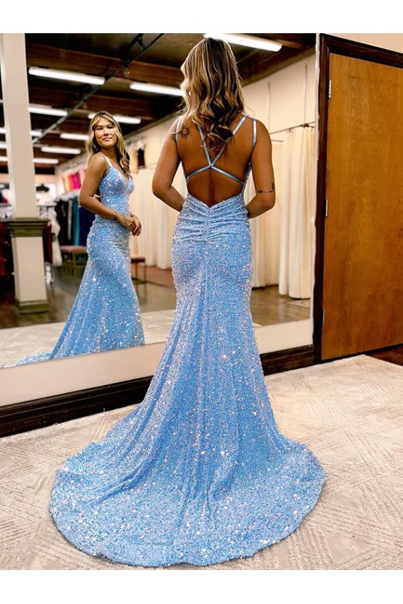 Buy V-Neck Sweep Train Velvet Sequin Periwinkle Sleeveless Evening Dress UK