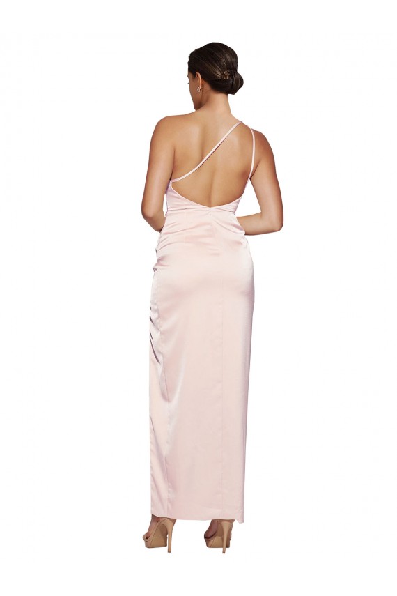Buy One Shoulder Long Silky Satin Pink Sleeveless Semi Formal Evening Dress UK