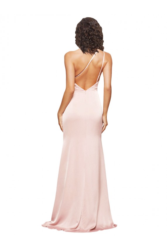 Buy One Shoulder Long Silky Satin Pink Sleeveless Formal Evening Dress UK