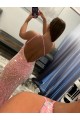 Buy One Shoulder Sweep Train Velvet Sequin Pink Sleeveless Evening Dress UK