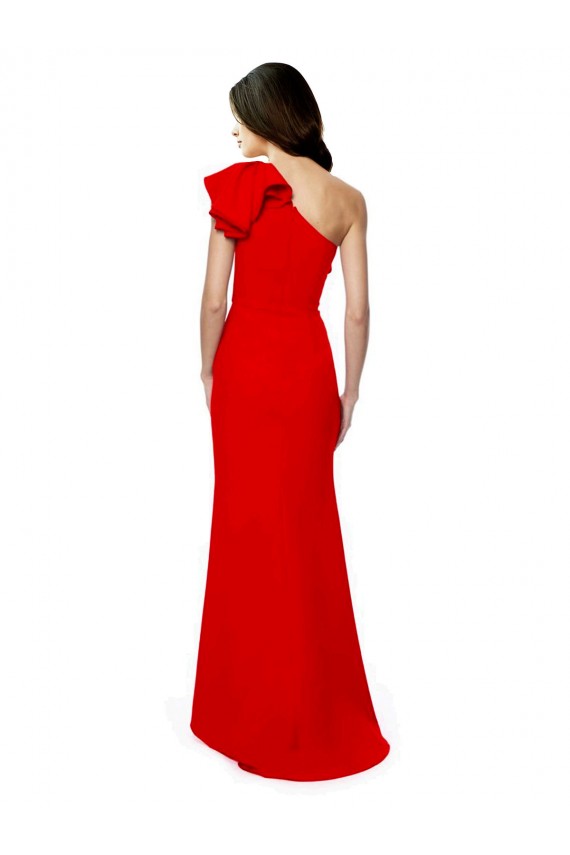 Buy High Neck Long Stretch Crepe Red Sleeveless One Shoulder Evening Dress UK