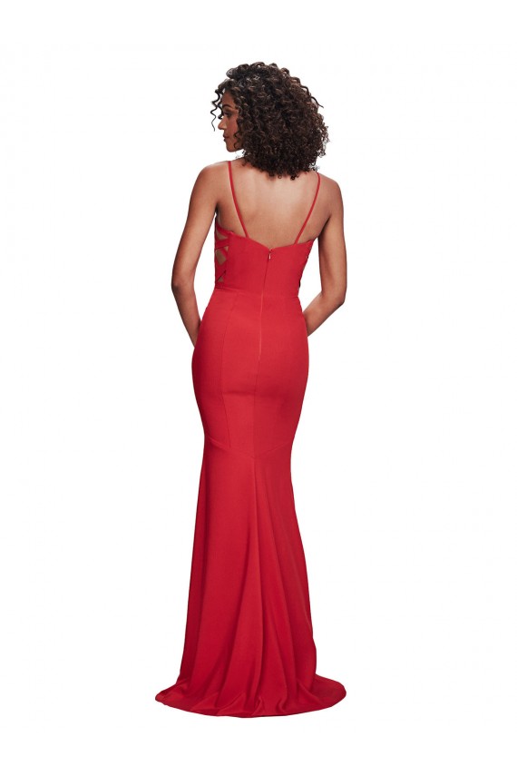 Buy Spaghetti Straps Long Stretch Crepe Red Sleeveless Evening Dress UK