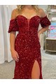 Buy Off the Shoulder Court Train Velvet Sequin Red Short Sleeves Evening Dress UK