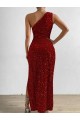 Buy One Shoulder Long Velvet Sequin Red Sleeveless Evening Dress UK