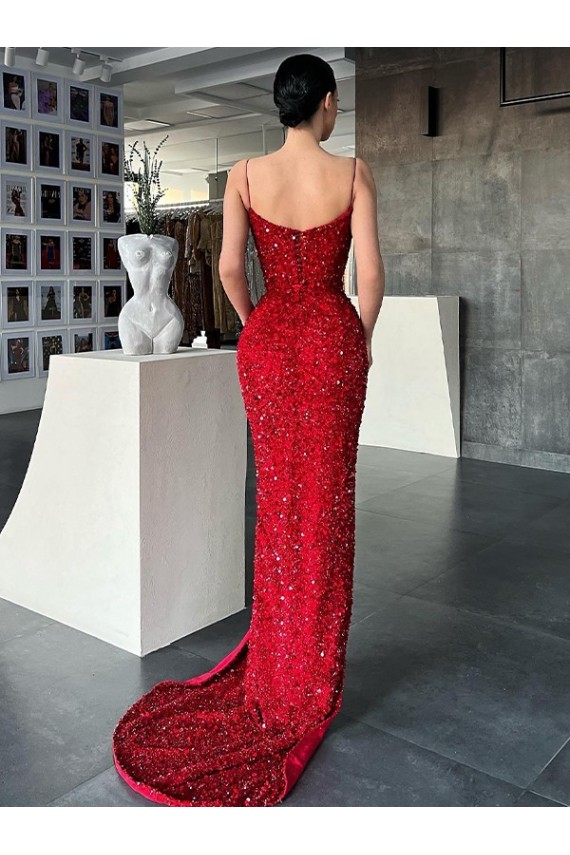 Buy V-Neck Sweep Train Velvet Sequin Red Sleeveless Evening Dress UK