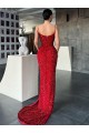Buy V-Neck Sweep Train Velvet Sequin Red Sleeveless Evening Dress UK