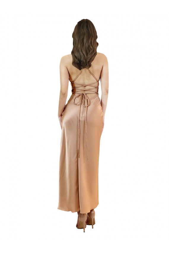 Buy Cowl Neck Midi Length Silky Satin Rose Gold Sleeveless Formal Evening Dress UK