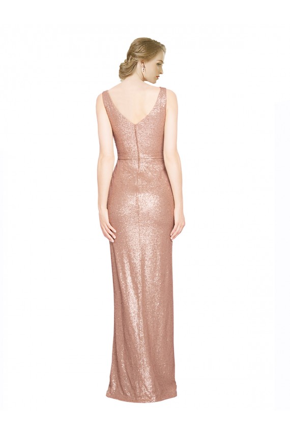 Buy V-Neck Long Sequin Rose Gold Sleeveless Evening Dress UK