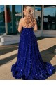 Buy One Shoulder Sweep Train Velvet Sequin Royal Blue Sleeveless Evening Gown UK