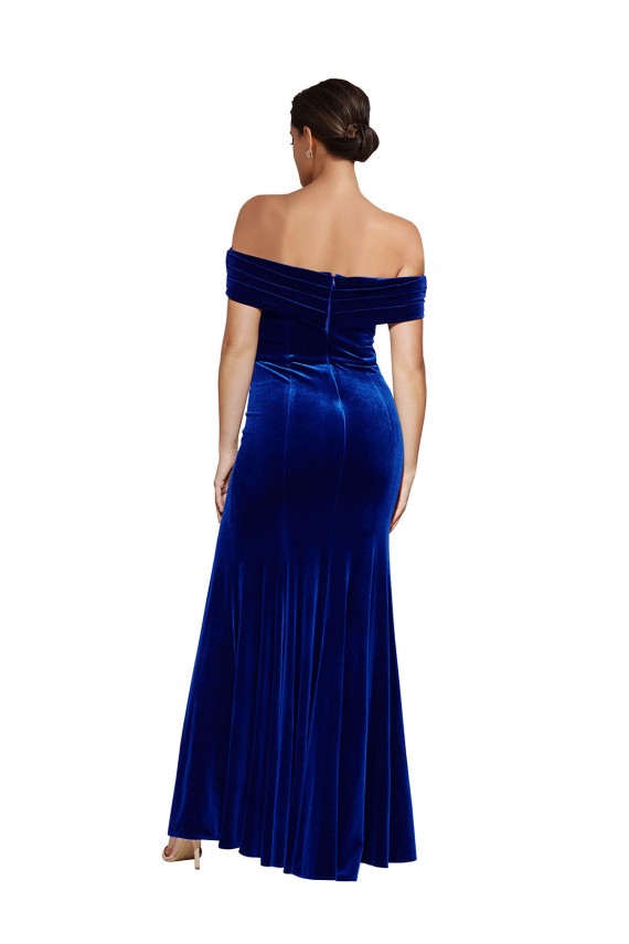 Buy Off the Shoulder Long Stretch Velvet Royal Blue Sleeveless Formal Evening Dress UK