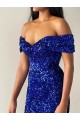 Buy Off the Shoulder Sweep Train Velvet Sequin Royal Blue Sleeveless Evening Dresses UK