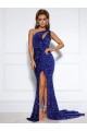 Buy One Shoulder Court Train Velvet Sequin Royal Blue Sleeveless Evening Dress UK
