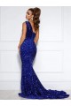 Buy One Shoulder Court Train Velvet Sequin Royal Blue Sleeveless Evening Dress UK