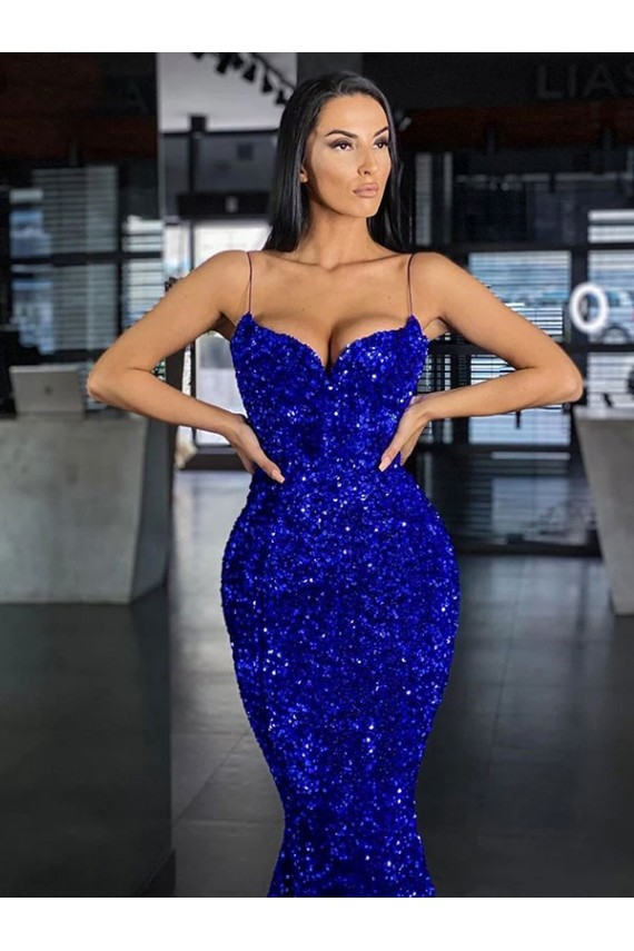 Buy Spaghetti Straps Sweep Train Velvet Sequin Royal Blue Sleeveless Evening Gown UK