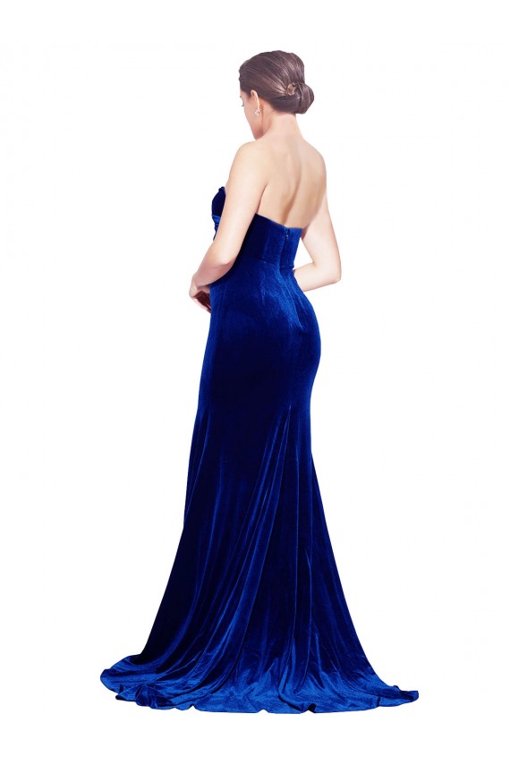 Buy Strapless Sweep Train Stretch Velvet Royal Blue Sleeveless Formal Evening Dress UK