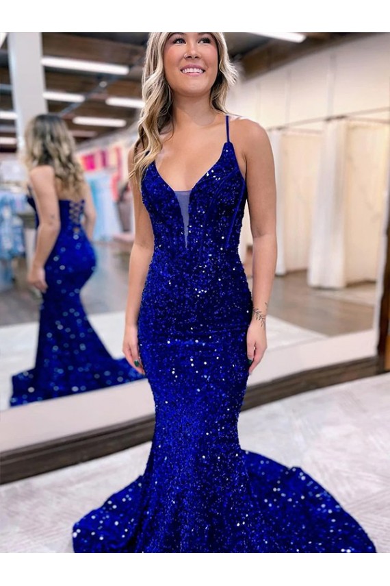 Buy V-Neck Court Train Velvet Sequin Royal Blue Sleeveless Evening Dress UK