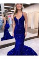Buy V-Neck Court Train Velvet Sequin Royal Blue Sleeveless Evening Dress UK