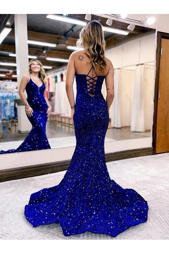 Buy V-Neck Court Train Velvet Sequin Royal Blue Sleeveless Evening Dress UK