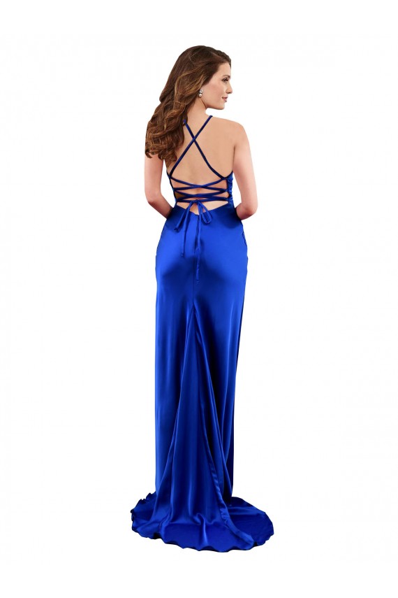 Buy Cowl Neck Long Silky Satin Royal Blue Sleeveless Formal Evening Dress UK
