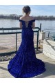 Buy Off the Shoulder Sweep Train Velvet Sequin Royal Blue Sleeveless Evening Dress UK