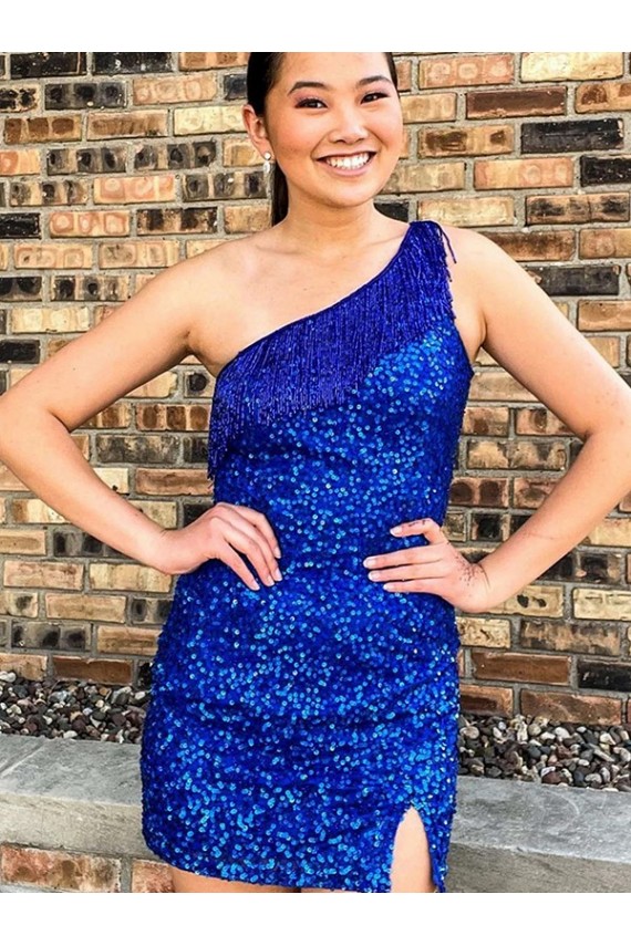 Buy One Shoulder Short Velvet Sequin Royal Blue Sleeveless Homecoming Dresses UK