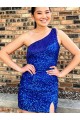 Buy One Shoulder Short Velvet Sequin Royal Blue Sleeveless Homecoming Dresses UK