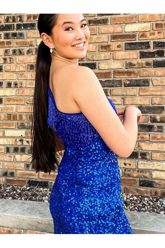 Buy One Shoulder Short Velvet Sequin Royal Blue Sleeveless Homecoming Dresses UK