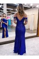 Buy V-Neck Long Velvet Sequin Royal Blue Sleeveless Evening Dress UK