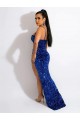 Buy Spaghetti Straps Sweep Train Velvet Sequin Royal Blue Sleeveless Evening Dress UK