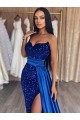 Buy Sweetheart Sweep Train Velvet Sequin Royal Blue Sleeveless Evening Dresses UK