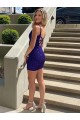 Buy V-Neck Short Velvet Sequin Royal Blue Sleeveless Evening Dress UK