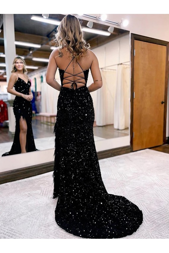 Buy V-Neck Sweep Train Velvet Sequin Royal Blue Sleeveless Evening Dress UK