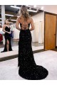 Buy V-Neck Sweep Train Velvet Sequin Royal Blue Sleeveless Evening Dress UK