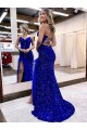 Buy V-Neck Sweep Train Velvet Sequin Royal Blue Sleeveless Evening Dress UK