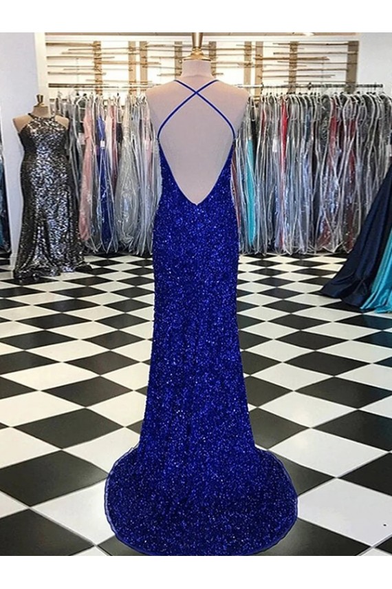 Buy V-Neck Sweep Train Velvet Sequin Royal Blue Sleeveless Evening Gown UK