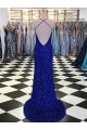 Buy V-Neck Sweep Train Velvet Sequin Royal Blue Sleeveless Evening Gown UK