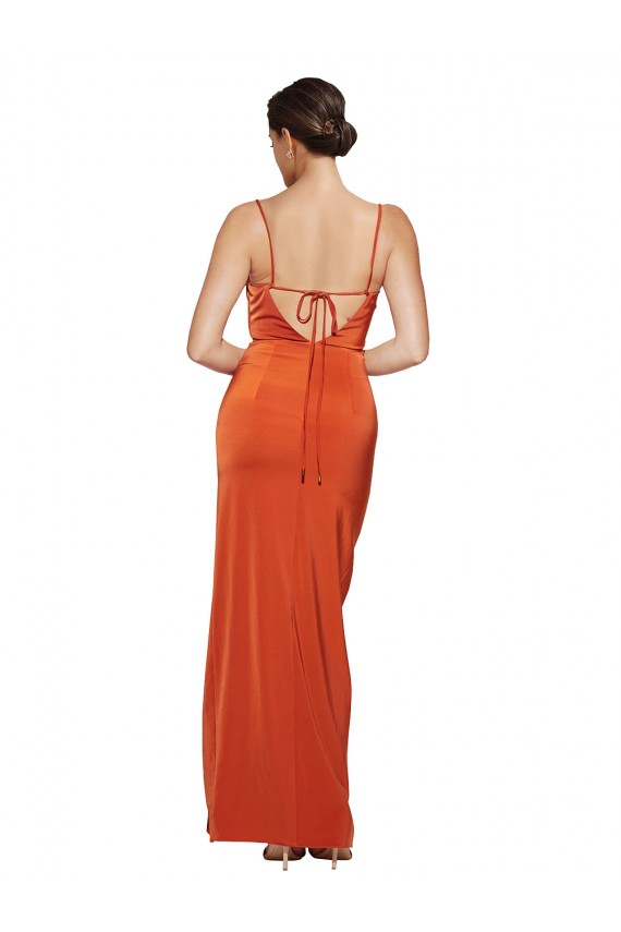 Buy Cowl Neck Sweep Train Stretch Satin Rust Sleeveless Formal Evening Dress UK