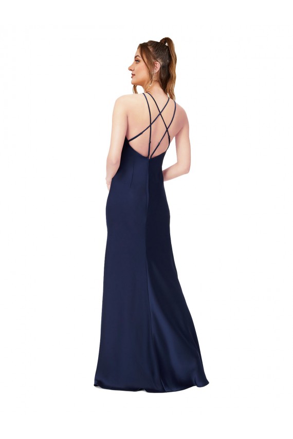 Buy High Neck Long Silky Satin Sapphire Sheath Sleeveless Formal Evening Dress UK