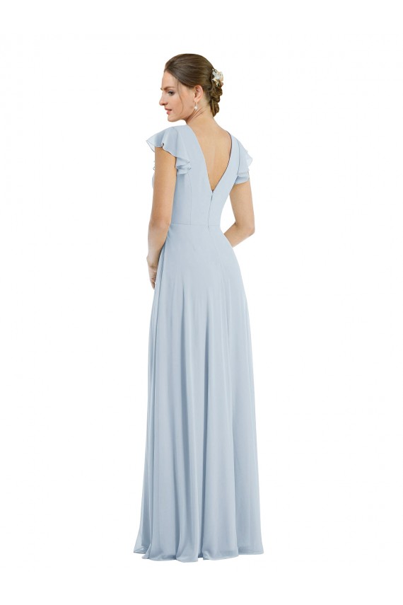 Buy Bateau Neck Long Soft Chiffon Sea Glass Flutter Sleeves Formal Evening Dress UK