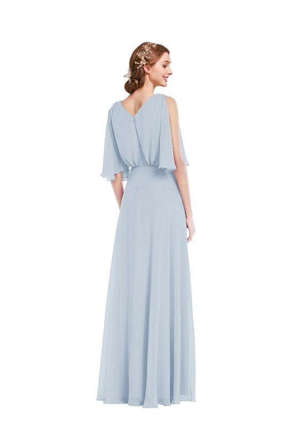 Buy V-Neck Long Soft Chiffon Sea Glass Half Sleeves Evening Dress UK