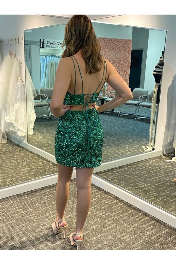 Buy V-Neck Short Velvet Sequin Shamrock Green Sleeveless Evening Dress UK