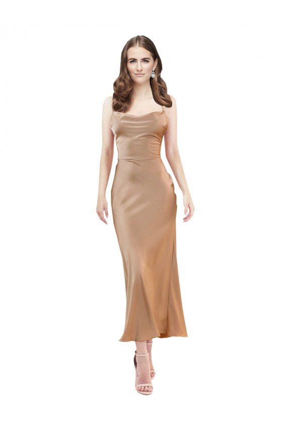 Buy Cowl Neck Midi Length Silky Satin Rose Gold Sleeveless Formal Evening Dress UK