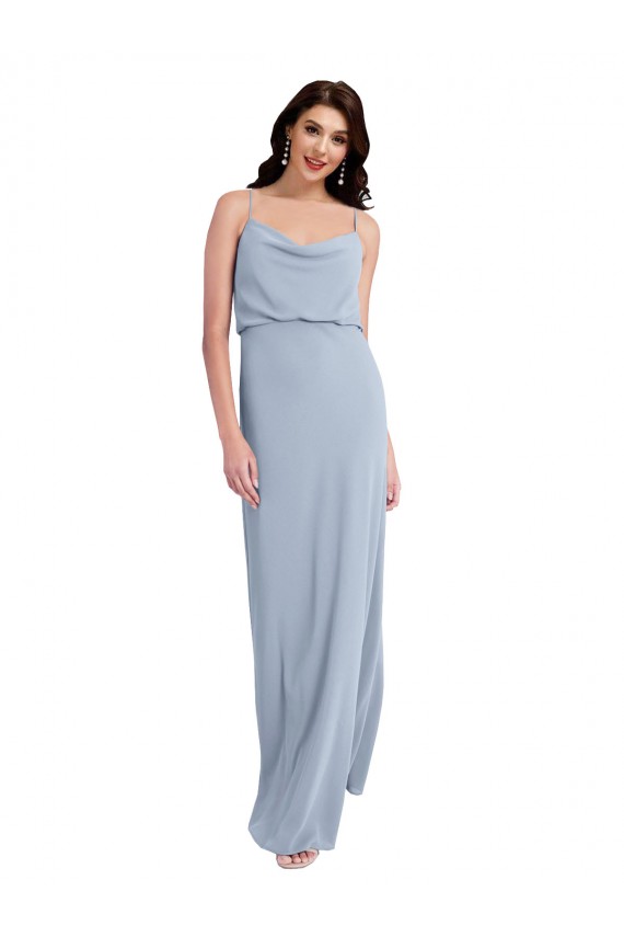 Buy Cowl Neck Long Stretch Crepe Smoke Blue Sleeveless Formal Evening Dress UK