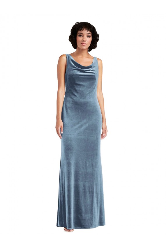 Buy Cowl Neck Long Stretch Velvet Dusty Blue Sleeveless Evening Dress UK