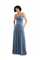 Buy Cowl Neck Long Stretch Velvet Dusty Blue Sleeveless Semi Formal Evening Dress UK