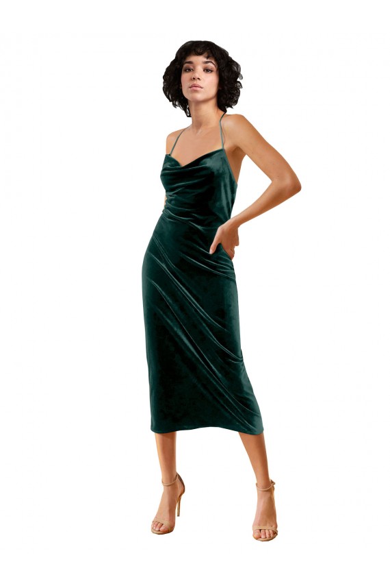 Buy Cowl Neck Midi Length Stretch Velvet Dark Green Sleeveless Evening Gown UK