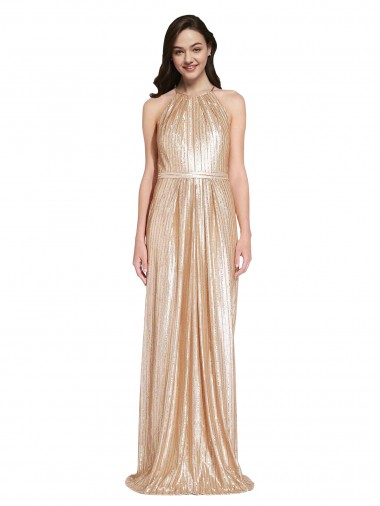 Buy High Neck Long Sequin Gold Sleeveless Formal Evening Dress UK