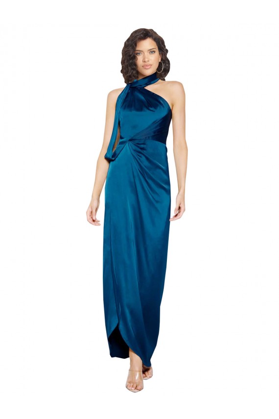 Buy High Neck Long Silky Satin Peacock Blue Sleeveless Formal Evening Dress UK