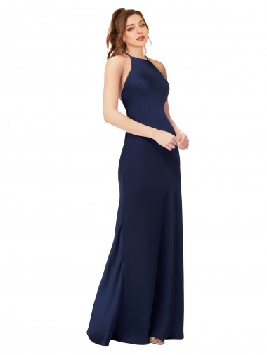 Buy High Neck Long Silky Satin Sapphire Sheath Sleeveless Formal Evening Dress UK