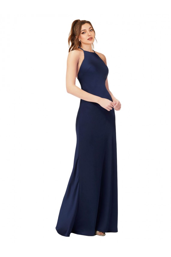 Buy High Neck Long Silky Satin Sapphire Sheath Sleeveless Formal Evening Dress UK